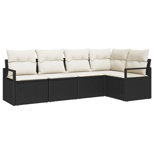 5-teiliges Garten-Sofa-Set mit Kissen Schwarz Poly-Rattan, 2-Sitzer Garten-Sofa mit Kissen Schwarz Poly-Rattan