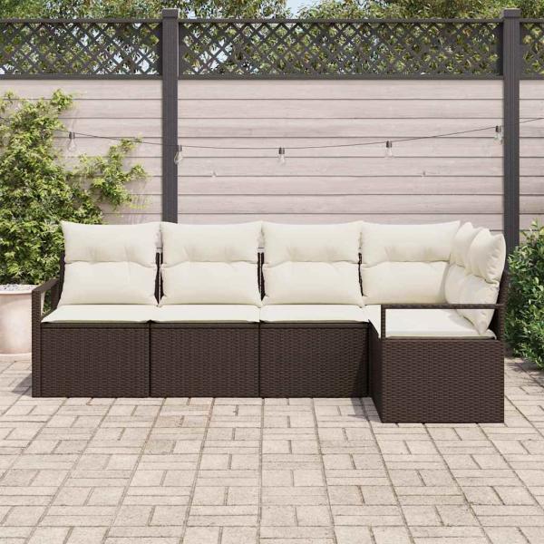 5-teilige Garten Sofagarnitur mit Kissen Braun Poly Rattan, 2-Sitzer Garten Sofa mit Kissen Braun Poly Rattan