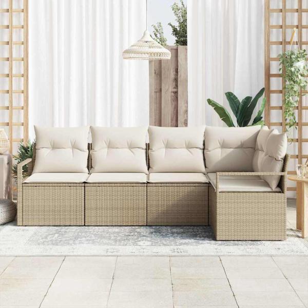 5-teiliges Garten Sofa Set mit Kissen Beige Poly Rattan, 2-Sitzer Garten Sofa mit Kissen Beige Poly Rattan
