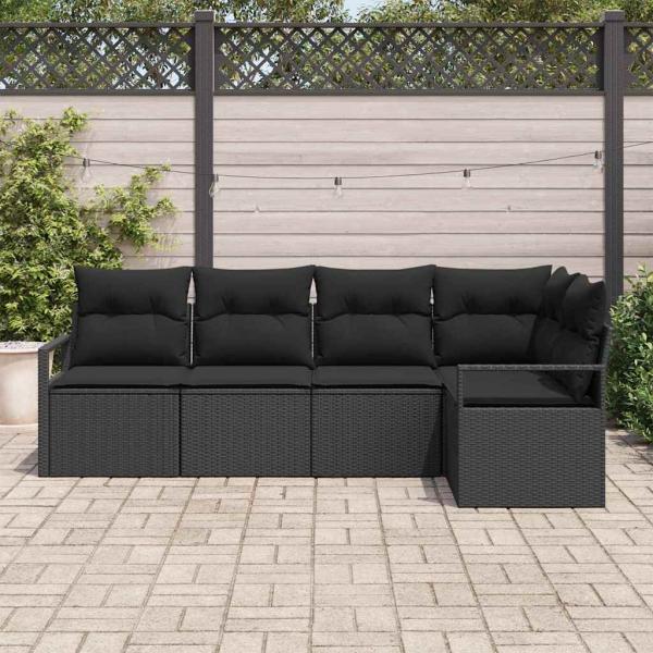 5-teiliges Garten Sofa Set mit Kissen Schwarz Poly Rattan, 2-Sitzer Garten Sofa mit Kissen Schwarz Poly Rattan