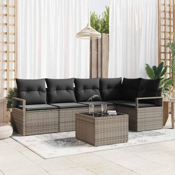 ARDEBO.de - 5-teiliges Garten Sofa Set mit Kissen Schwarz Poly Rattan, 2-Sitzer Garten Sofa mit Kissen Grau Poly Rattan