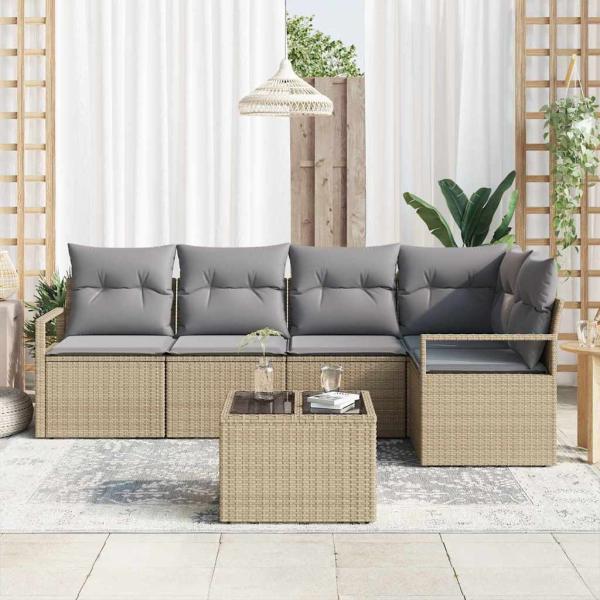 6-teiliges Garten-Sofa-Set mit Kissen Schwarz Poly-Rattan, 2-Sitzer Garten-Sofa mit Kissen Beige Poly-Rattan