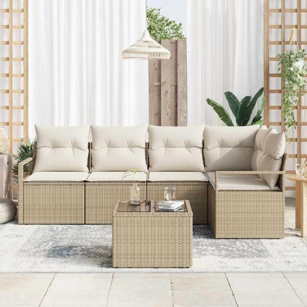 6-teiliges Garten-Sofa-Set mit Kissen Braun Poly Rattan, 2-Sitzer Garten-Sofa mit Kissen Beige Poly Rattan