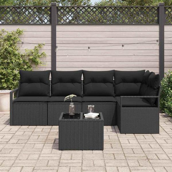 6-teiliges Garten Sofa Set mit Kissen Beige Poly Rattan, 2-Sitzer Garten Sofa mit Kissen Schwarz Poly Rattan