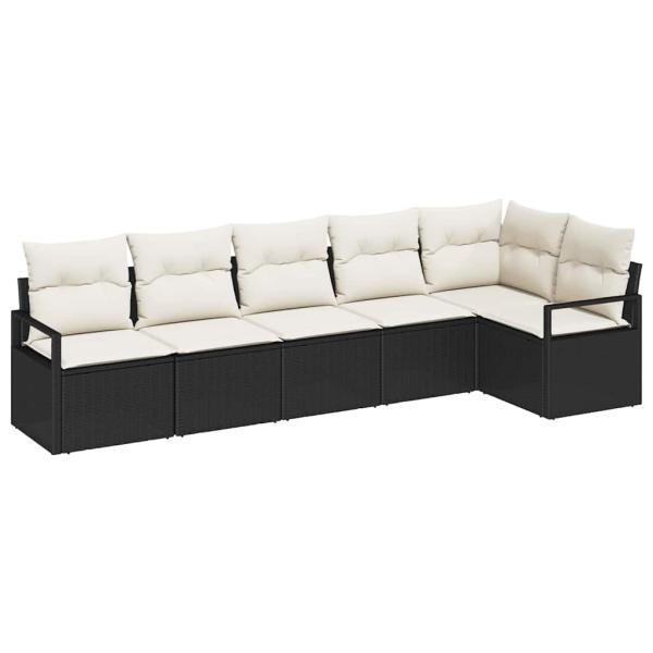 6-teiliges Garten Sofa Set mit Kissen Schwarz Poly Rattan, 2-Sitzer Garten Sofa mit Kissen Schwarz Poly Rattan
