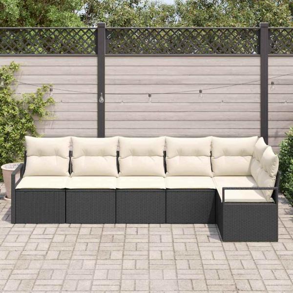 6-teiliges Garten Sofa Set mit Kissen Schwarz Poly Rattan, 2-Sitzer Garten Sofa mit Kissen Schwarz Poly Rattan