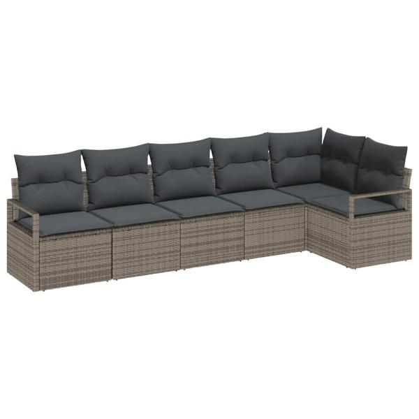6-teiliges Garten-Sofa-Set mit Kissen Grau Poly-Rattan, 2-Sitzer Garten-Sofa mit Kissen Grau Poly-Rattan