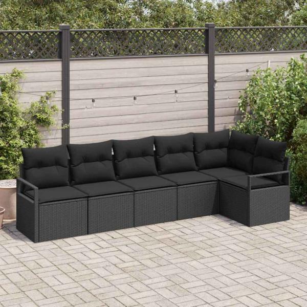ARDEBO.de - 6-teiliges Garten-Sofa-Set mit Kissen Schwarz Poly Rattan, 2-Sitzer Garten-Sofa mit Kissen Schwarz Poly Rattan