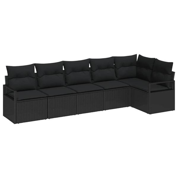 6-teiliges Garten-Sofa-Set mit Kissen Schwarz Poly Rattan, 2-Sitzer Garten-Sofa mit Kissen Schwarz Poly Rattan