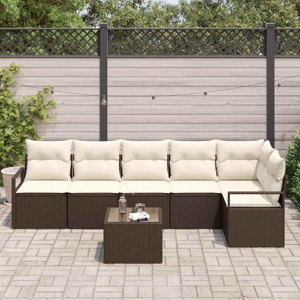 6-teiliges Garten-Sofa-Set mit Kissen Grau Poly-Rattan, 2-Sitzer Garten-Sofa mit Kissen Braun Poly-Rattan
