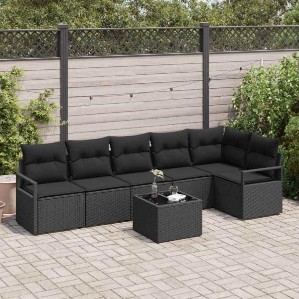 ARDEBO.de - 7-teiliges Garten Sofa Set mit Kissen Beige Poly Rattan, 2-Sitzer Garten Sofa mit Kissen Schwarz Poly Rattan