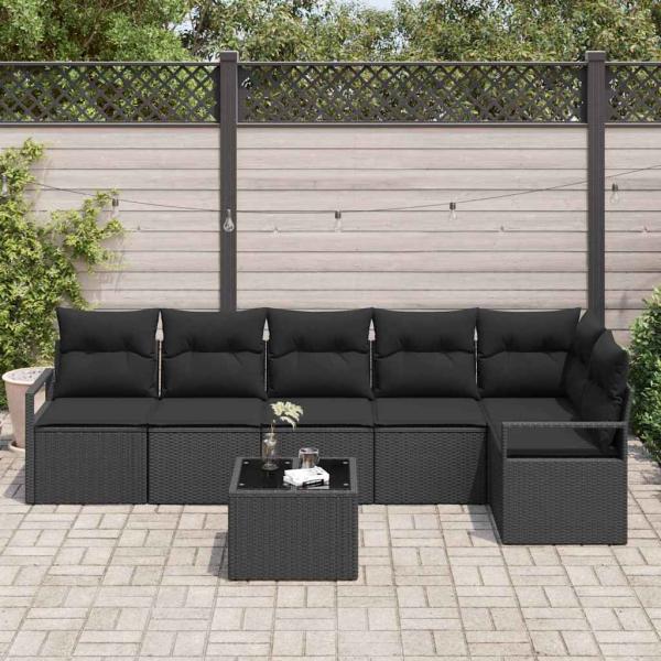 7-teiliges Garten Sofa Set mit Kissen Beige Poly Rattan, 2-Sitzer Garten Sofa mit Kissen Schwarz Poly Rattan