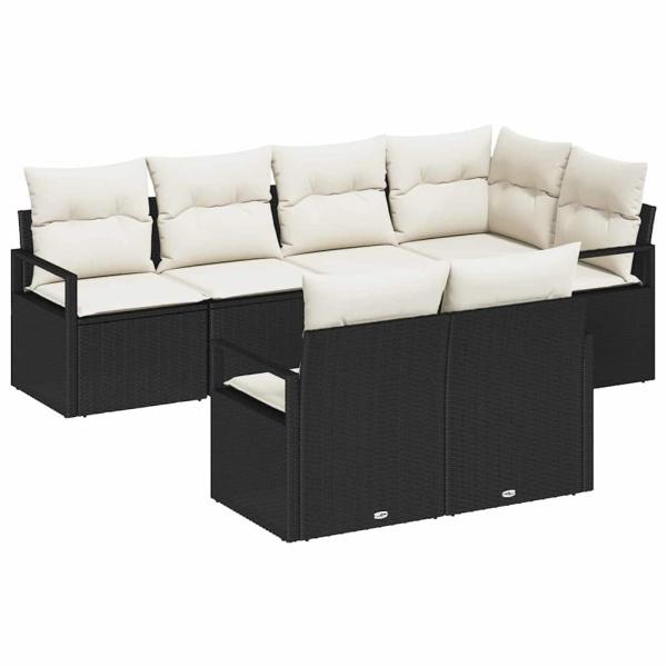 7-teiliges Garten-Sofaset mit Kissen Schwarz Poly Rattan, 2-Sitzer Garten-Sofa mit Kissen Schwarz Poly Rattan