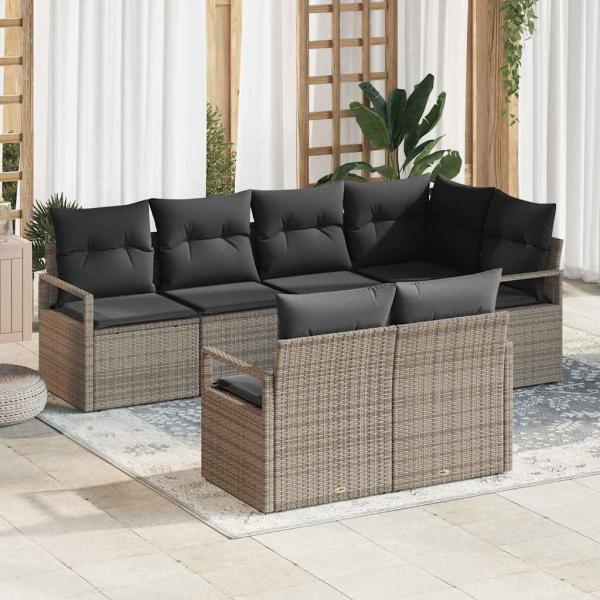 ARDEBO.de - 7-teilige Garten Sofa Set mit Kissen Grau Poly Rattan, 2-Sitzer Garten Sofa mit Kissen Grau Poly Rattan