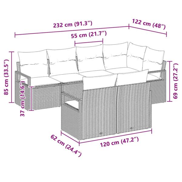 7-teilige Garten Sofa Set mit Kissen Grau Poly Rattan, 2-Sitzer Garten Sofa mit Kissen Grau Poly Rattan
