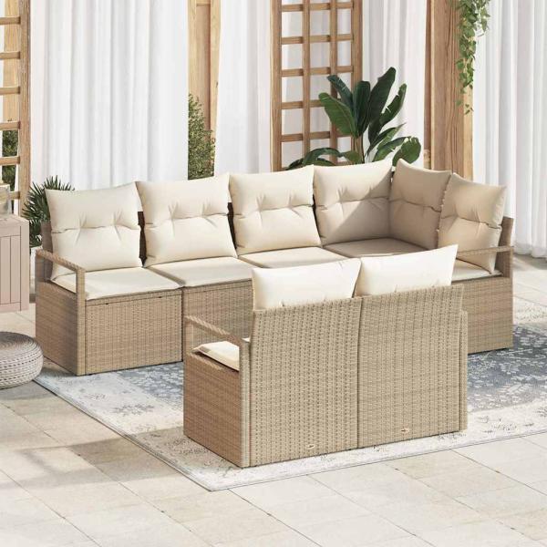 ARDEBO.de - 7-teiliges Garten-Sofa-Set mit Kissen Beige Poly Rattan, 2-Sitzer Garten-Sofa mit Kissen Beige Poly Rattan