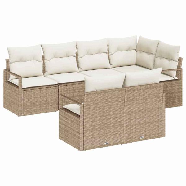 7-teiliges Garten-Sofa-Set mit Kissen Beige Poly Rattan, 2-Sitzer Garten-Sofa mit Kissen Beige Poly Rattan