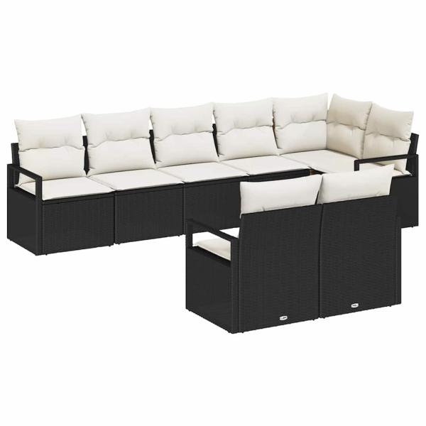 8-teiliges Garten-Sofa-Set mit Kissen in Schwarz Poly-Rattan, 2-Sitzer Garten-Sofa mit Kissen in Schwarz Poly-Rattan