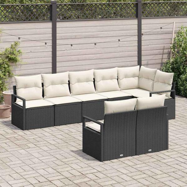 8-teiliges Garten-Sofa-Set mit Kissen in Schwarz Poly-Rattan, 2-Sitzer Garten-Sofa mit Kissen in Schwarz Poly-Rattan