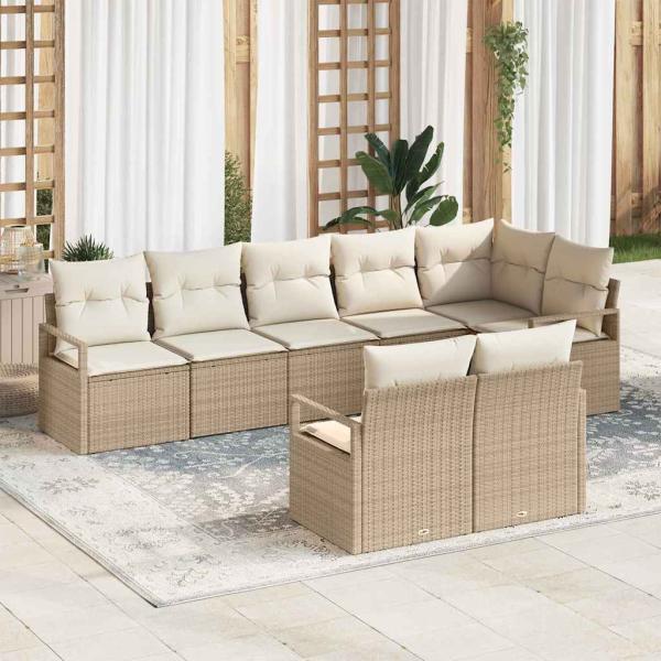 ARDEBO.de - 8-teiliges Garten Sofa Set mit Kissen in Beige, Poly Rattan, 2-Sitzer Garten Sofa mit Kissen in Beige, Poly Rattan