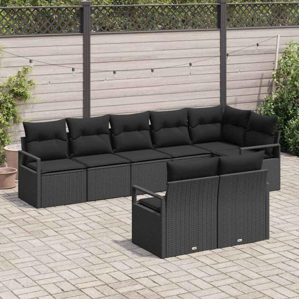 8-teiliges Garten Sofa Set mit Kissen schwarzes Poly Rattan, 2-Sitzer Garten Sofa mit Kissen schwarzes Poly Rattan