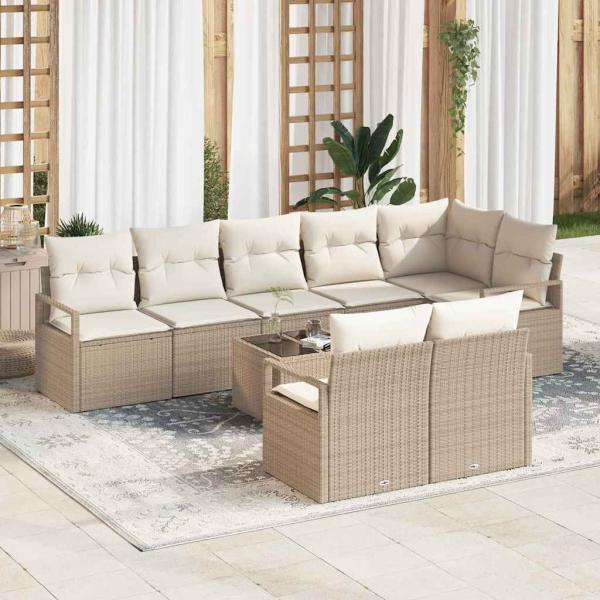 ARDEBO.de - 9-teiliges Garten-Sofa-Set mit Kissen braun Poly-Rattan, 2-Sitzer Garten-Sofa mit Kissen beige Poly-Rattan