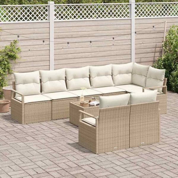 9-teiliges Garten-Sofa-Set mit Kissen braun Poly-Rattan, 2-Sitzer Garten-Sofa mit Kissen beige Poly-Rattan