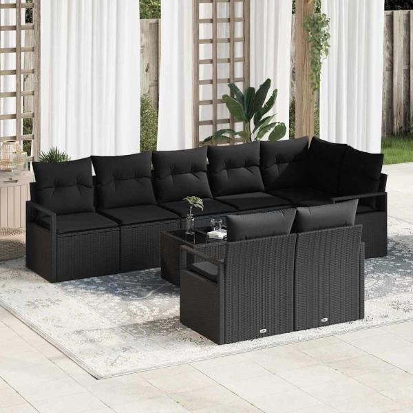ARDEBO.de - 9-teilige Garten-Sofa-Set mit Kissen Beige Poly Rattan, 2-Sitzer Garten-Sofa mit Kissen Schwarz Poly Rattan
