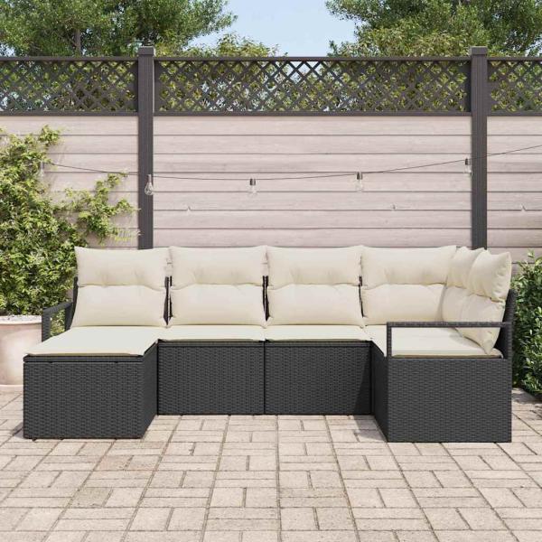 6-teilige Garten Sofa Set mit Kissen Schwarz Poly Rattan, 2-Sitzer Garten Sofa mit Kissen Schwarz Poly Rattan