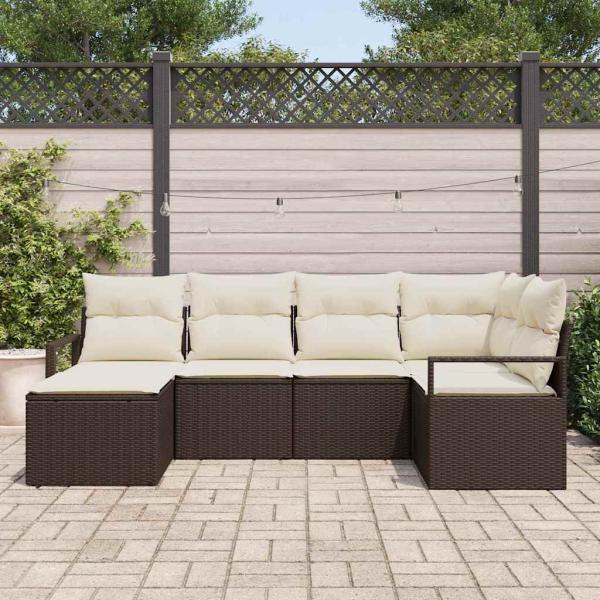 6-teiliges Garten-Sofa-Set mit Kissen Braun Poly Rattan, 2-Sitzer Garten-Sofa mit Kissen Braun Poly Rattan