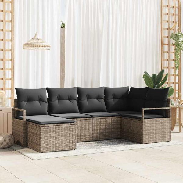ARDEBO.de - 6-teilige Garten Sofa Set mit Kissen Grau Poly Rattan, 2-Sitzer Garten Sofa mit Kissen Grau Poly Rattan