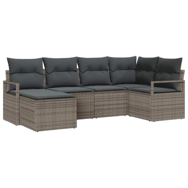 6-teilige Garten Sofa Set mit Kissen Grau Poly Rattan, 2-Sitzer Garten Sofa mit Kissen Grau Poly Rattan