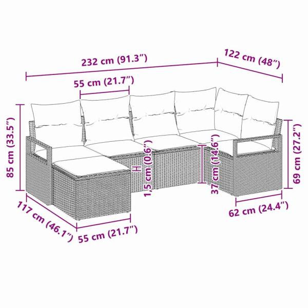 6-teilige Garten Sofa Set mit Kissen Grau Poly Rattan, 2-Sitzer Garten Sofa mit Kissen Grau Poly Rattan