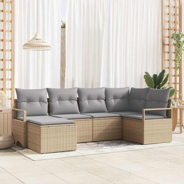 ARDEBO.de - 6-teiliges Garten Sofa Set mit Kissen Beige Poly Rattan, 2-Sitzer Garten Sofa mit Kissen Beige Poly Rattan