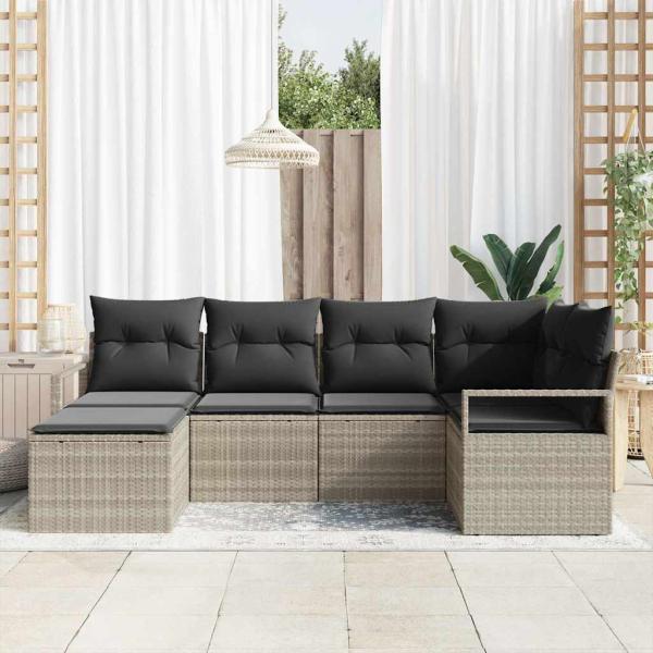 6-teiliges Garten-Sofa-Set mit Kissen Hellgrau Poly Rattan, 2-Sitzer Garten-Sofa mit Kissen Grau Poly Rattan
