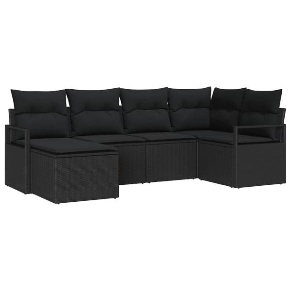 6-teiliges Garten Sofa Set mit Kissen Schwarz Poly-Rattan, 2-Sitzer Garten Sofa mit Kissen Schwarz Poly-Rattan