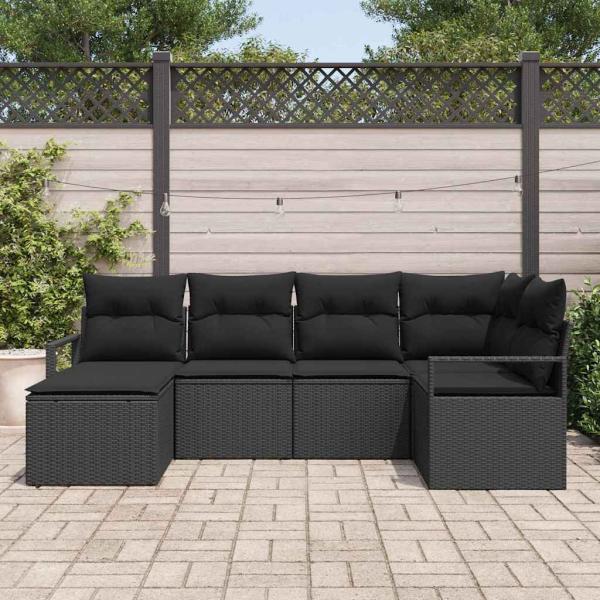 6-teiliges Garten Sofa Set mit Kissen Schwarz Poly-Rattan, 2-Sitzer Garten Sofa mit Kissen Schwarz Poly-Rattan