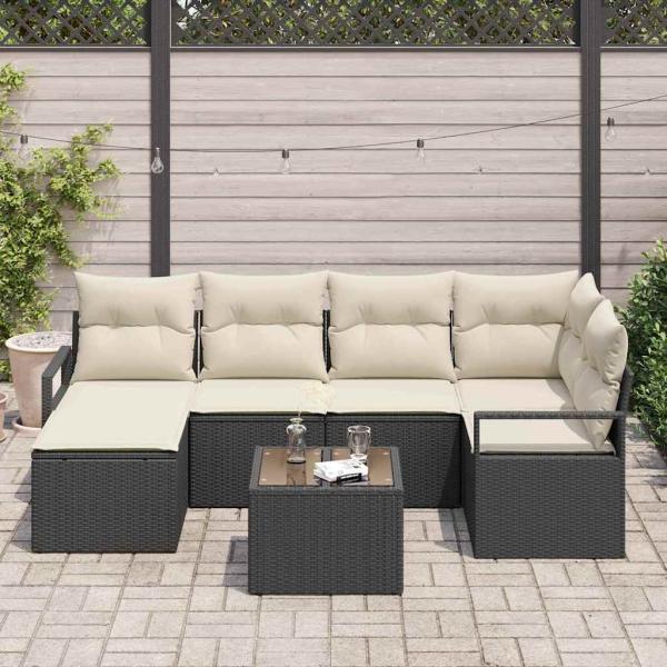 6-teiliges Garten-Sofaset mit Kissen Braun Poly-Rattan, 2-Sitzer Garten-Sofa mit Kissen Schwarz Poly-Rattan
