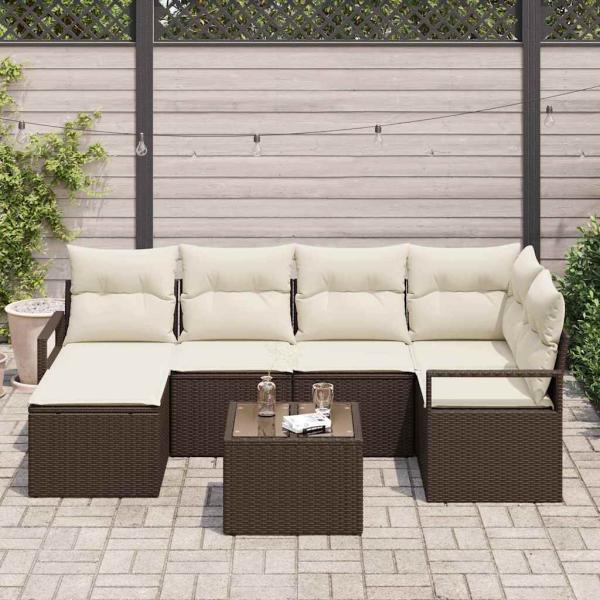 6-teiliges Garten Sofa Set mit Kissen Grau Poly Rattan, 2-Sitzer Garten Sofa mit Kissen Braun Poly Rattan