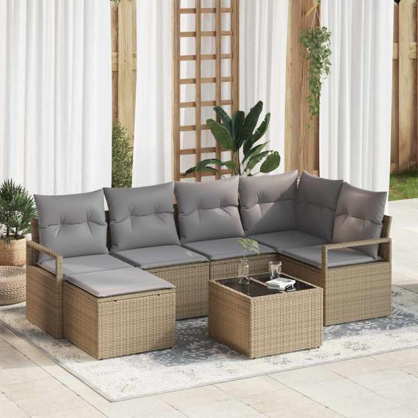 ARDEBO.de - 7-teiliges Garten-Sofa-Set mit Kissen Schwarz Poly Rattan, 2-Sitzer Garten-Sofa mit Kissen Beige Poly Rattan