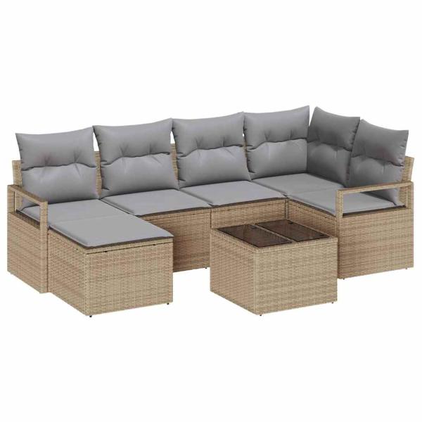 7-teiliges Garten-Sofa-Set mit Kissen Schwarz Poly Rattan, 2-Sitzer Garten-Sofa mit Kissen Beige Poly Rattan
