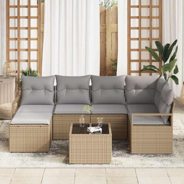 7-teiliges Garten-Sofa-Set mit Kissen Schwarz Poly Rattan, 2-Sitzer Garten-Sofa mit Kissen Beige Poly Rattan