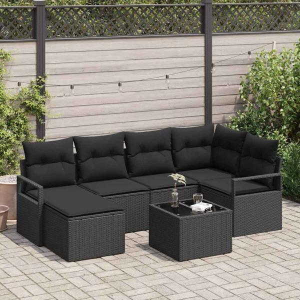 ARDEBO.de - 7-teiliges Garten-Sofa-Set mit Kissen Beige Poly-Rattan, 2-Sitzer Garten-Sofa mit Kissen Schwarz Poly-Rattan