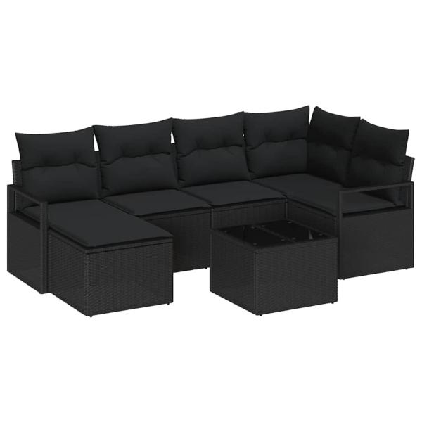 7-teiliges Garten-Sofa-Set mit Kissen Beige Poly-Rattan, 2-Sitzer Garten-Sofa mit Kissen Schwarz Poly-Rattan