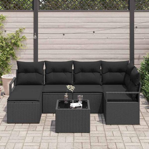 7-teiliges Garten-Sofa-Set mit Kissen Beige Poly-Rattan, 2-Sitzer Garten-Sofa mit Kissen Schwarz Poly-Rattan