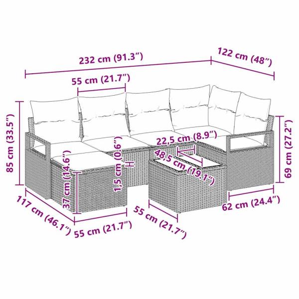 7-teiliges Garten-Sofa-Set mit Kissen Beige Poly-Rattan, 2-Sitzer Garten-Sofa mit Kissen Schwarz Poly-Rattan
