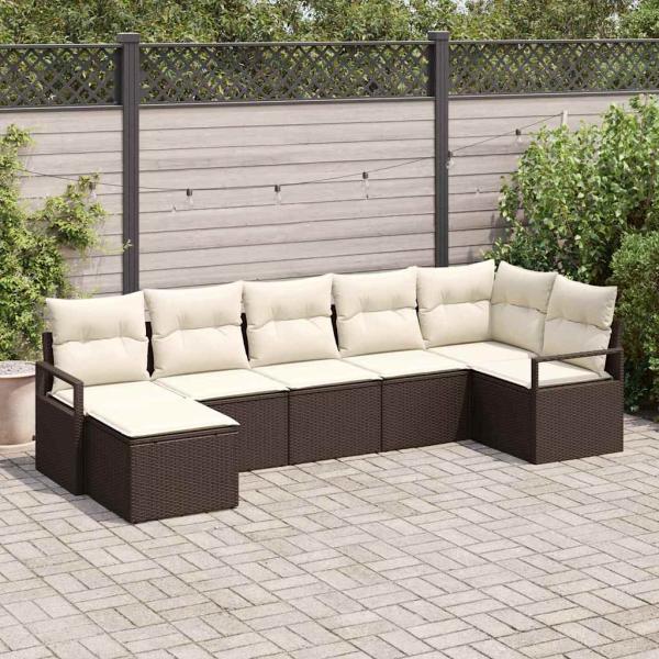 7-teilige Garten Sofa Gruppe mit Kissen braunes Poly Rattan, 2-Sitzer Garten Sofa mit Kissen braunes Poly Rattan