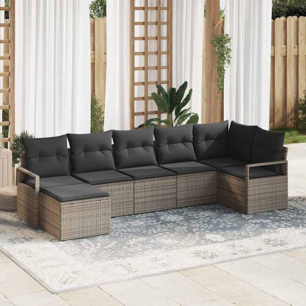 ARDEBO.de - 7-teiliges Gartensofa-Set mit Kissen Grau Poly Rattan, 2-Sitzer Gartensofa mit Kissen Grau Poly Rattan