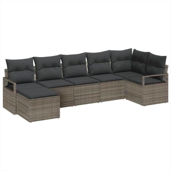 7-teiliges Gartensofa-Set mit Kissen Grau Poly Rattan, 2-Sitzer Gartensofa mit Kissen Grau Poly Rattan