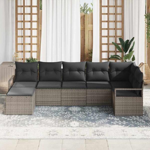 7-teiliges Gartensofa-Set mit Kissen Grau Poly Rattan, 2-Sitzer Gartensofa mit Kissen Grau Poly Rattan
